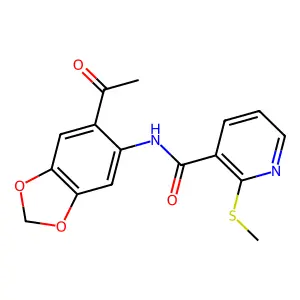 N-(6-acetyl-1,3-dioxaindan-5-yl)-2-(methylsulfanyl)pyridine-3-carboxamide structure