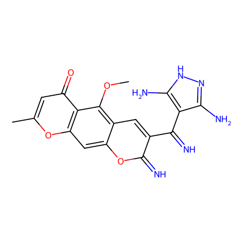 3-[Amino(3,5-diaminopyrazol-4-ylidene)methyl]-2-imino-5-methoxy-8-methylpyrano[3,2-g]chromen-6-one structure
