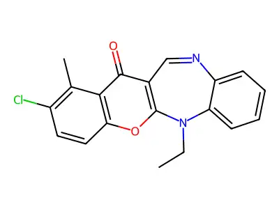 (1)Benzopyrano(2,3-b)(1,5)benzodiazepin-13(6H)-one, 2-chloro-6-ethyl-1-methyl- structure