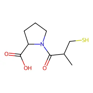 (2R)-1-[(2R)-2-methyl-3-sulfanylpropanoyl]pyrrolidine-2-carboxylic acid structure