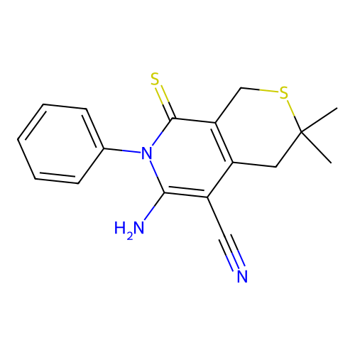 6-amino-3,3-dimethyl-7-phenyl-8-thioxo-3,4,7,8-tetrahydro-1H-thiopyrano[3,4-c]pyridine-5-carbonitrile structure