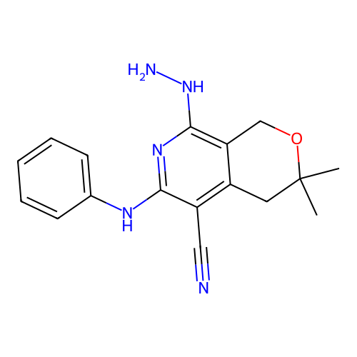 8-hydrazinyl-3,3-dimethyl-6-(phenylamino)-3,4-dihydro-1H-pyrano[3,4-c]pyridine-5-carbonitrile structure