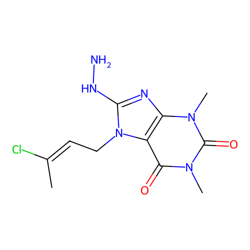 7-[(E)-3-chlorobut-2-enyl]-8-hydrazinyl-1,3-dimethylpurine-2,6-dione structure