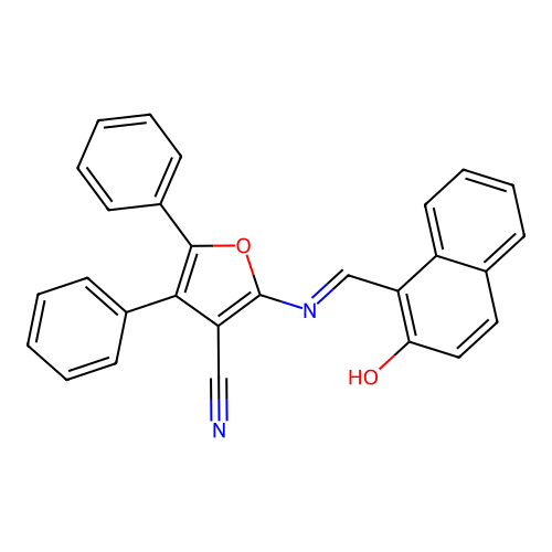 2-[(E)-(2-hydroxy-1-naphthyl)methyleneamino]-4,5-diphenyl-3-furonitrile structure