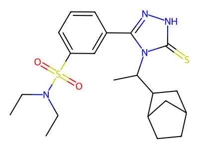3-[4-(1-{bicyclo[2.2.1]heptan-2-yl}ethyl)-5-sulfanyl-4H-1,2,4-triazol-3-yl]-N,N-diethylbenzene-1-sulfonamide structure
