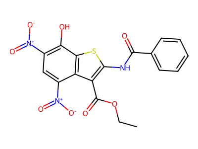Ethyl 2-benzamido-7-hydroxy-4,6-dinitro-1-benzothiophene-3-carboxylate structure