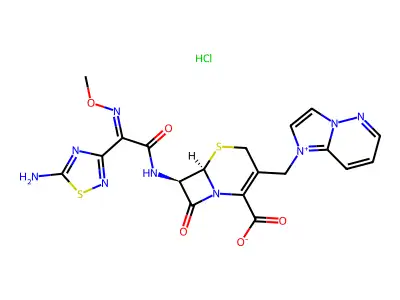 (6R,7R)-7-[[2-(5-amino-1,2,4-thiadiazol-3-yl)-2-methoxyiminoacetyl]amino]-3-(imidazo[1,2-b]pyridazin-1-ium-1-ylmethyl)-8-oxo-5-thia-1-azabicyclo[4.2.0]oct-2-ene-2-carboxylic acid chloride structure