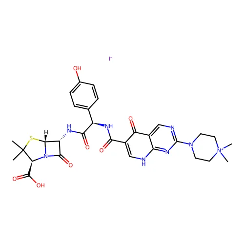 (2S,5R,6R)-6-[[(2R)-2-[[2-(4,4-二甲基哌嗪-4-鎓-1-基)-5-氧代-8H-吡啶并[2,3-d]嘧啶-6-羰基]氨基]-2-(4-羟基苯基)乙酰基]氨基]-3,3-二甲基-7-氧代-4-噻-1-氮杂双环[3.2.0]庚烷-2-甲酸碘化物 structure