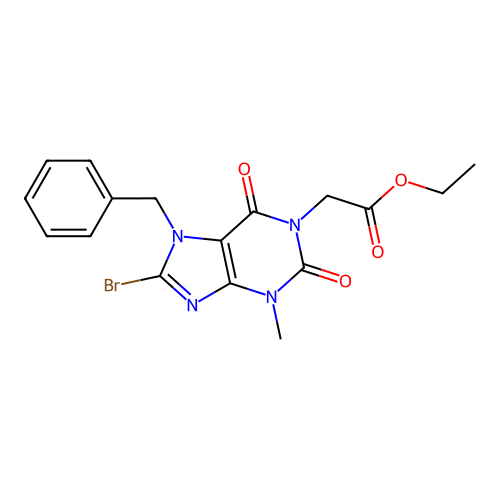 Ethyl 2-[8-bromo-3-methyl-2,6-dioxo-7-benzyl-1,3,7-trihydropurinyl]acetate structure