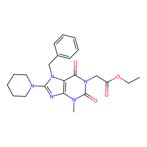 Ethyl 2-(7-benzyl-3-methyl-2,6-dioxo-8-piperidin-1-ylpurin-1-yl)acetate structure