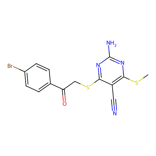 2-amino-4-((2-(4-bromophenyl)-2-oxoethyl)thio)-6-(methylthio)pyrimidine-5-carbonitrile structure