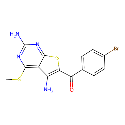 (4-bromophenyl)(2,5-diamino-4-(methylthio)thieno[2,3-d]pyrimidin-6-yl)methanone structure
