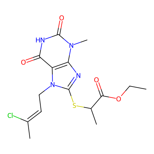 ethyl 2-[7-[(Z)-3-chlorobut-2-enyl]-3-methyl-2,6-dioxopurin-8-yl]sulfanylpropanoate structure