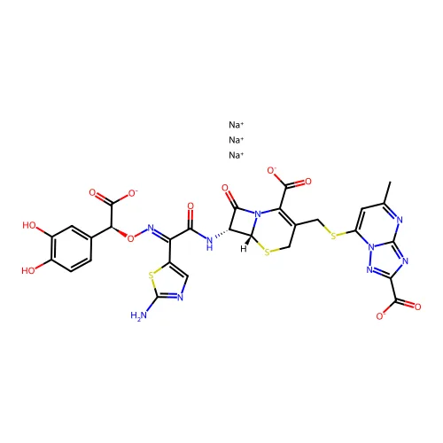 三钠;(6R,7R)-7-[[(2Z)-2-(2-氨基-1,3-噻唑-5-基)-2-[(S)-羧基盐-(3,4-二羟基苯基)甲氧基]亚氨基乙酰基]氨基]-3-[(2-羧基盐-5-甲基-[1,2,4]三唑并[1,5-a]嘧啶-7-基)硫基甲基]-8-氧代-5-噻-1-氮杂双环[4.2.0]辛-2-烯-2-羧酸酯 structure