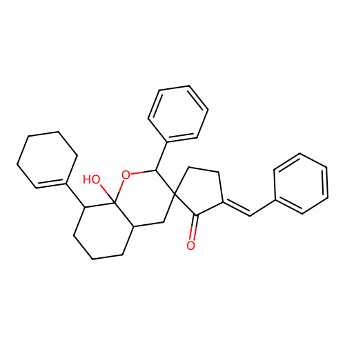 (3'E)-3'-benzylidene-8-(cyclohex-1-en-1-yl)-8a-hydroxy-2-phenylhexahydro-2'H,4H-spiro[chromene-3,1'-cyclopentan]-2'-one structure