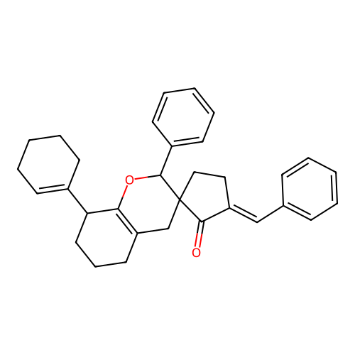 (3'E)-3'-benzylidene-8-(cyclohex-1-en-1-yl)-2-phenyl-5,6,7,8-tetrahydro-2'H,4H-spiro[chromene-3,1'-cyclopentan]-2'-one structure