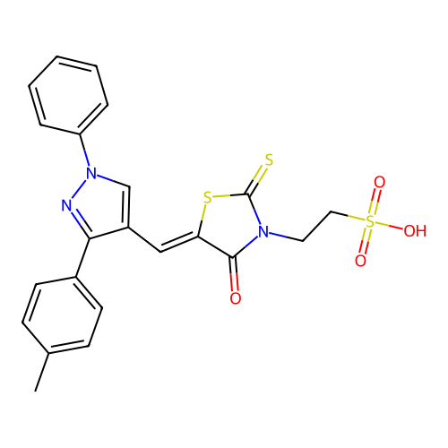 (Z)-2-(4-Oxo-5-((1-phenyl-3-(p-tolyl)-1H-pyrazol-4-yl)methylene)-2-thioxothiazolidin-3-yl)ethane-1-sulfonic acid structure