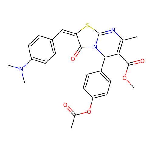 methyl (2E)-5-[4-(acetyloxy)phenyl]-2-[4-(dimethylamino)benzylidene]-7-methyl-3-oxo-2,3-dihydro-5H-[1,3]thiazolo[3,2-a]pyrimidine-6-carboxylate structure