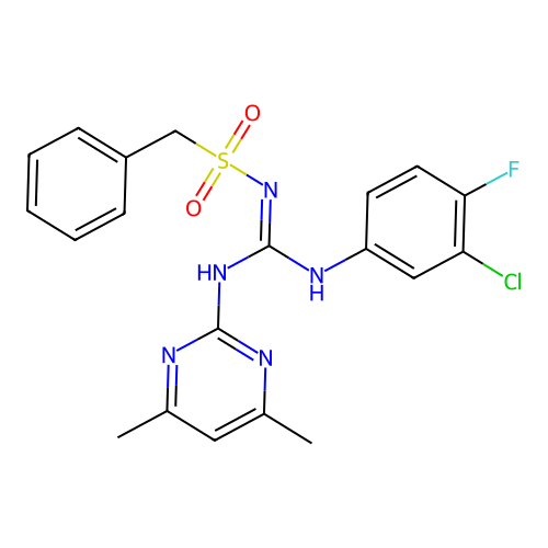 N-{[(3-chloro-4-fluorophenyl)amino][(4,6-dimethyl-2-pyrimidinyl)amino]methylene}-1-phenylmethanesulfonamide structure