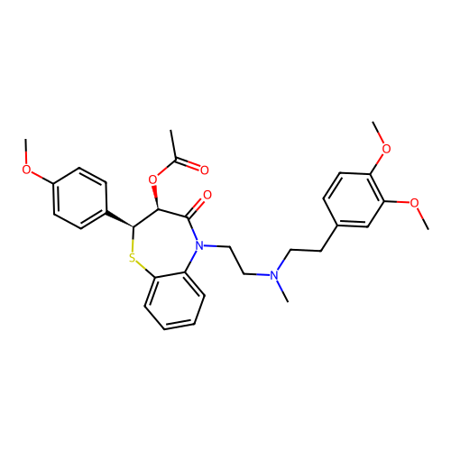 rel-(2R,3R)-3-(Acetyloxy)-5-[2-[[2-(3,4-dimethoxyphenyl)ethyl]methylamino]ethyl]-2,3-dihydro-2-(4-methoxyphenyl)-1,5-benzothiazepin-4(5H)-one structure