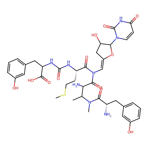 2-[[(2S)-1-[[2-氨基-3-[[(2S)-2-氨基-3-(3-羟基苯基)丙酰]-甲基氨基]丁酰]-[(E)-[5-(2,4-二氧代嘧啶-1-基)-4-羟基氧代环戊烷-2-亚基]甲基]氨基]-4-甲硫基-1-氧代丁烷-2-基]氨基甲酰基氨基]-3-(3-羟基苯基)丙酸 structure
