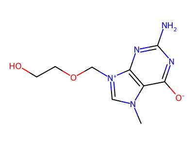 2-amino-9-(2-hydroxyethoxymethyl)-7-methyl-1H-purin-7-ium-6-one structure