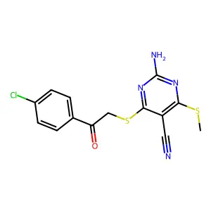 2-amino-4-((2-(4-chlorophenyl)-2-oxoethyl)thio)-6-(methylthio)pyrimidine-5-carbonitrile structure