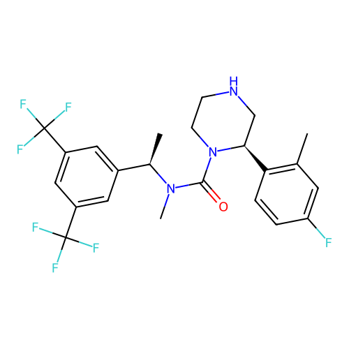 (2R)-N-[(1R)-1-[3,5-Bis(trifluoromethyl)phenyl]ethyl]-2-(4-fluoro-2-methylphenyl)-N-methyl-1-piperazinecarboxamide structure