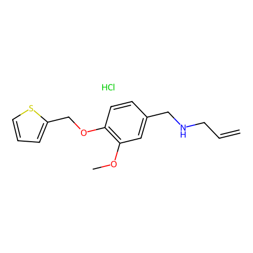 N-(3-methoxy-4-(thiophen-2-ylmethoxy)benzyl)prop-2-en-1-amine hydrochloride structure