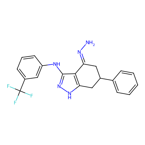 4-Hydrazinylidene-6-phenyl-N-[3-(trifluoromethyl)phenyl]-1,5,6,7-tetrahydroindazol-3-amine structure
