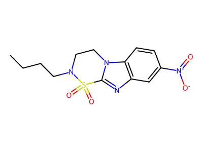 2H-1,2,5-Thiadiazino(5,6-a)benzimidazole, 3,4-dihydro-2-butyl-8-nitro-, 1,1-dioxide structure