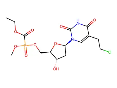 ((1-(5-(2-Chloroethyl)-2,4-dioxo-1,2,3,4-tetrahyropyrimidin-1-yl)-2-deoxy-beta-D-erythro-pentofuranos-5-yl)oxy)methoxyphosphinecarboxylic acid ethyl ester oxide structure