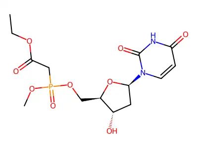(((1-(2,4-Dioxo-1,2,3,4-tetrahyropyrimidin-1-yl)-2-deoxy-beta-D-erythro-pentofuranos-5-yl)oxy)methoxyphosphinyl)acetic acid ethyl ester oxide structure