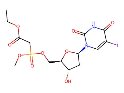 (((1-(2,4-Dioxo-5-iodo-1,2,3,4-tetrahyropyrimidin-1-yl)-2-deoxy-beta-D-erythro-pentofuranos-5-yl)oxy)methoxyphosphinyl)acetic acid ethyl ester oxide structure