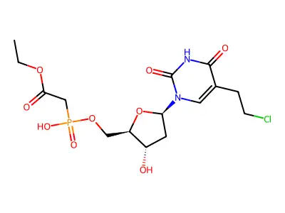 ((Ethoxycarbonyl)methyl)phosphonic acid 1-(5-(2-chloroethyl)-2,4-dioxo-1,2,3,4-tetrahydropyrimidin-1-yl)-2-deoxy-beta-D-erythro-pentofuranos-5-yl ester structure