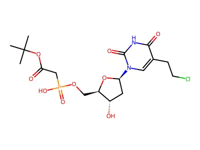 ((tert-Butoxycarbonyl)methyl)phosphonic acid 1-(5-(2-chloroethyl)-2,4-dioxo-1,2,3,4-tetrahydropyrimidin-1-yl)-2-deoxy-beta-D-erythro-pentofuranos-5-yl ester structure