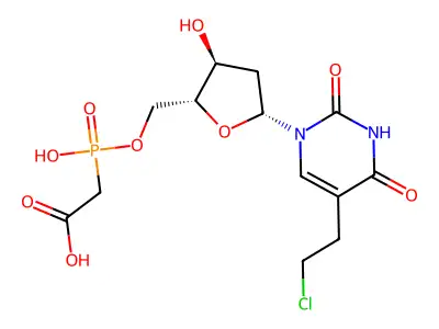 (((2R,3S,5R)-5-(5-(2-Chloro-ethyl)-2,4-dioxo-3,4-dihydro-2H-pyrimidin-1-yl)-3-hydroxy-tetrahydro-furan-2-ylmethoxy}-hydroxy-phosphoryl)-acetic acid structure