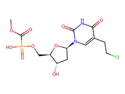 (Methoxycarbonyl) phosphonic acid 1-(5-(2-chloroethyl)-2,4-dioxo-1,2,3,4-tetrahydropyrimidin-5-yl)-2-deoxy-beta-D-erythro-pentofuranos-5-yl ester structure