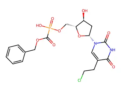 (Benzyloxycarbonyl) phosphonic acid 1-(5-(2-chloroethyl)-2,4-dioxo-1,2,3,4-tetrahydropyrimidin-5-yl)-2-deoxy-beta-D-erythro-pentofuranos-5-yl ester structure