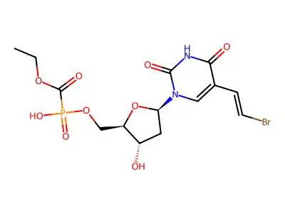 (Ethoxycarbonyl) phosphonic acid 1-(5-(E)-(2-bromovinyl)-2,4-dioxo-1,2,3,4-tetrahydropyrimidin-5-yl)-2-deoxy-beta-D-erythro-pentofuranos-5-yl ester structure