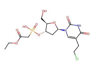 (((2R,3S,5R)-5-(5-(2-Chloro-ethyl)-2,4-dioxo-3,4-dihydro-2H-pyrimidin-1-yl)-2-hydroxymethyl-tetrahydro-furan-3-yloxy}-hydroxy-phosphoryl)acetic acid ethyl ester structure