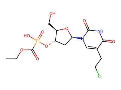 (Ethoxycarbonyl)phosphonic acid 1-(5-(2-chloroethyl)-2,4-dioxo-1,2,3,4-tetrahydropyrimidin-5-yl)-2-deoxy-beta-D-erythro-pentofuranos-3-yl ester structure