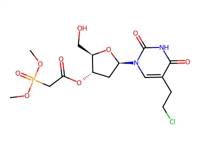 (Dimethoxy-phosphoryl)-acetic acid (2R,3S,5R)-5-(5-(2-chloro-ethyl)-2,4-dioxo-3,4-dihydro-2H-pyrimidin-1-yl)-2-hydroxymethyl-tetrahydro-furan-3-yl ester structure
