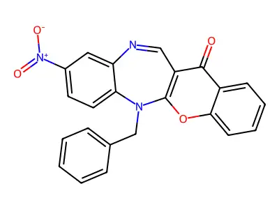 (1)Benzopyrano(2,3-b)(1,5)benzodiazepin-13(6H)-one, 9-nitro-6-(phenylmethyl)- structure