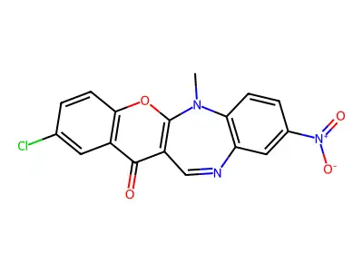 (1)Benzopyrano(2,3-b)(1,5)benzodiazepin-13(6H)-one, 2-chloro-6-methyl-9-nitro- structure