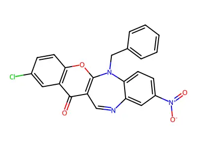 (1)Benzopyrano(2,3-b)(1,5)benzodiazepin-13(6H)-one, 2-chloro-9-nitro-6-(phenylmethyl)- structure