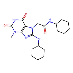 N-cyclohexyl-2-[8-(cyclohexylamino)-3-methyl-2,6-dioxopurin-7-yl]acetamide structure