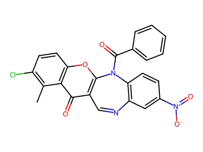 (1)Benzopyrano(2,3-b)(1,5)benzodiazepin-13(6H)-one, 6-benzoyl-2-chloro-1-methyl-9-nitro- structure