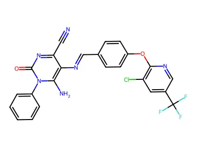 5-(1-aza-2-(4-(3-chloro-5-(trifluoromethyl)(2-pyridyloxy))phenyl)vinyl-4-imino-2-oxo-3-phenyl-1H-1,3-diazine-6-carbonitrile structure