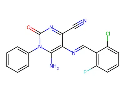5-[(E)-[(2-chloro-6-fluorophenyl)methylidene]amino]-6-imino-2-oxo-1-phenyl-1,2,3,6-tetrahydropyrimidine-4-carbonitrile structure